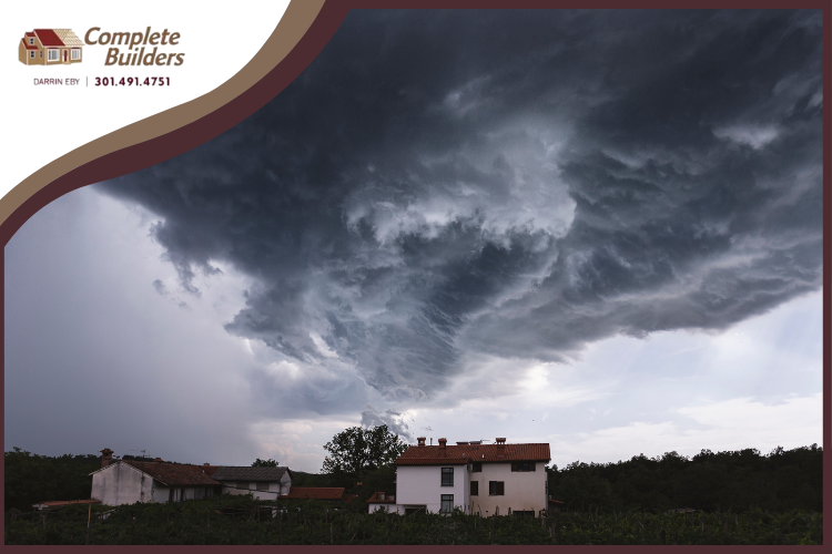 Storm clouds over a well-maintained roof in Hagerstown, showcasing the importance of roof repairs.